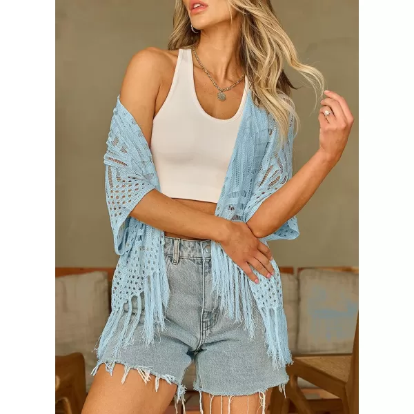 Sidefeel Womens 2024 Cropped Crochet Top Lightweight Summer Cardigan Beach Kimono Cover UpsLight Blue