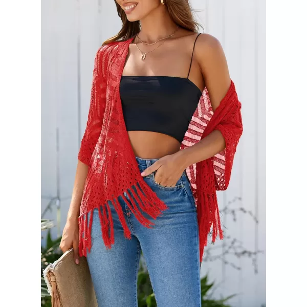 Sidefeel Womens 2024 Cropped Crochet Top Lightweight Summer Cardigan Beach Kimono Cover UpsRacing Red