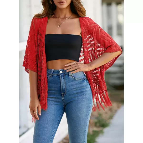 Sidefeel Womens 2024 Cropped Crochet Top Lightweight Summer Cardigan Beach Kimono Cover UpsRacing Red