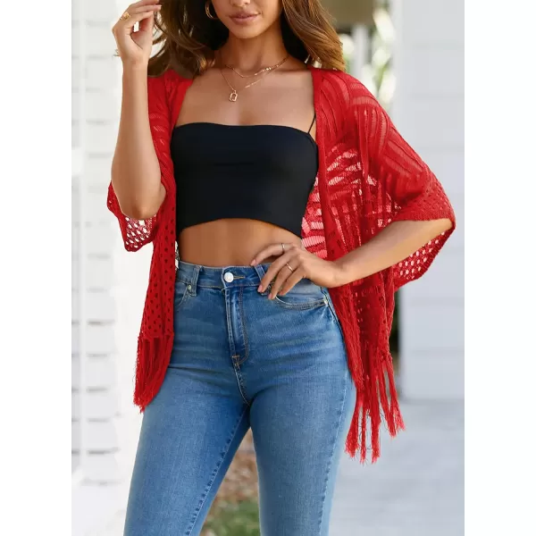 Sidefeel Womens 2024 Cropped Crochet Top Lightweight Summer Cardigan Beach Kimono Cover UpsRacing Red