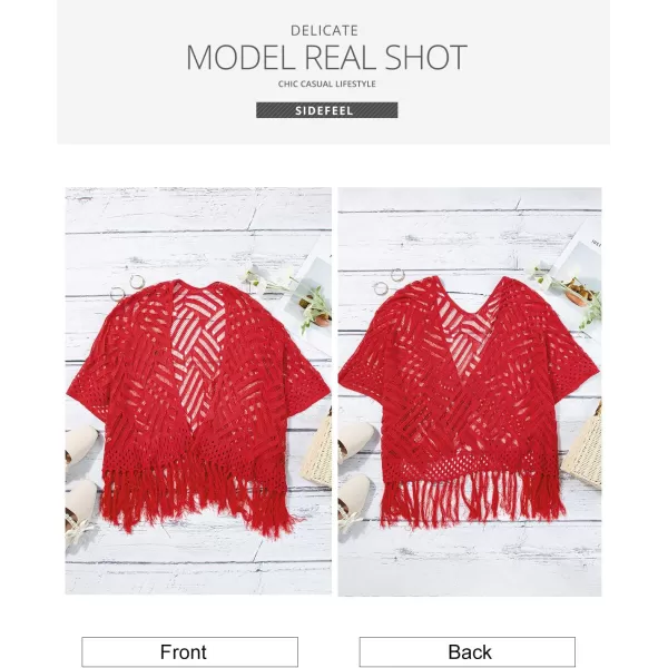 Sidefeel Womens 2024 Cropped Crochet Top Lightweight Summer Cardigan Beach Kimono Cover UpsRacing Red