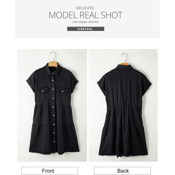 Sidefeel Womens 2024 Frayed Buttoned Pockets Short Sleeve Denim Jean DressesBlack
