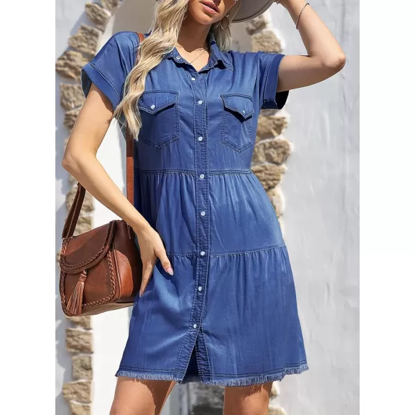 Sidefeel Womens 2024 Frayed Buttoned Pockets Short Sleeve Denim Jean DressesDark Blue