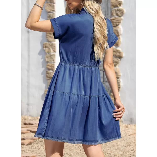 Sidefeel Womens 2024 Frayed Buttoned Pockets Short Sleeve Denim Jean DressesDark Blue