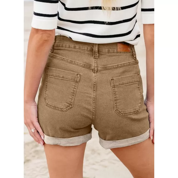 Sidefeel Womens Jean Shorts High Waisted Stretchy Buttoned Folded Hem Denim ShortsBrown