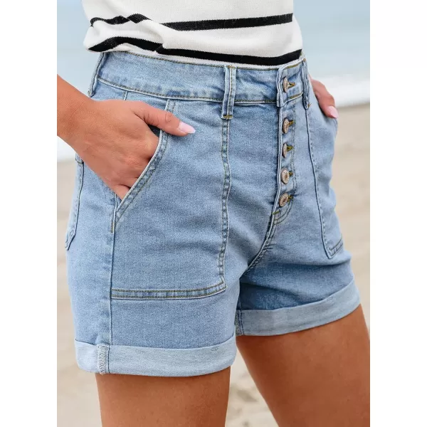 Sidefeel Womens Jean Shorts High Waisted Stretchy Buttoned Folded Hem Denim ShortsIceland Blue