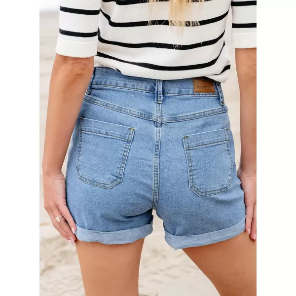 Sidefeel Womens Jean Shorts High Waisted Stretchy Buttoned Folded Hem Denim ShortsLight Blue