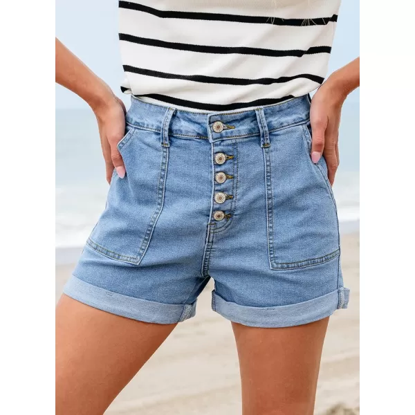 Sidefeel Womens Jean Shorts High Waisted Stretchy Buttoned Folded Hem Denim ShortsLight Blue