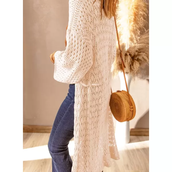 Sidefeel Womens Lightweight Open Front Cardigan Sweaters Long Sleeve Drawstring Crochet Knit Sheer Boho Kimono Sweaters