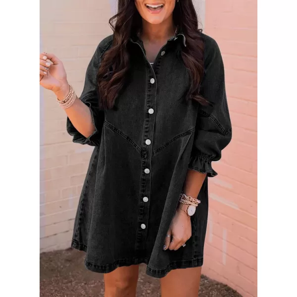 Sidefeel Womens Smocked 3 4 Sleeve Button Down Denim Jeans DressesA Black