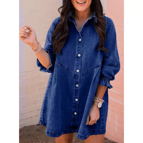 Sidefeel Womens Smocked 3 4 Sleeve Button Down Denim Jeans DressesA Blue