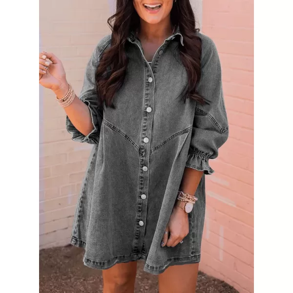 Sidefeel Womens Smocked 3 4 Sleeve Button Down Denim Jeans DressesA Gray