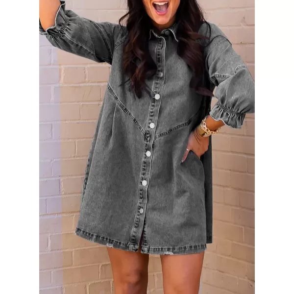 Sidefeel Womens Smocked 3 4 Sleeve Button Down Denim Jeans DressesA Gray