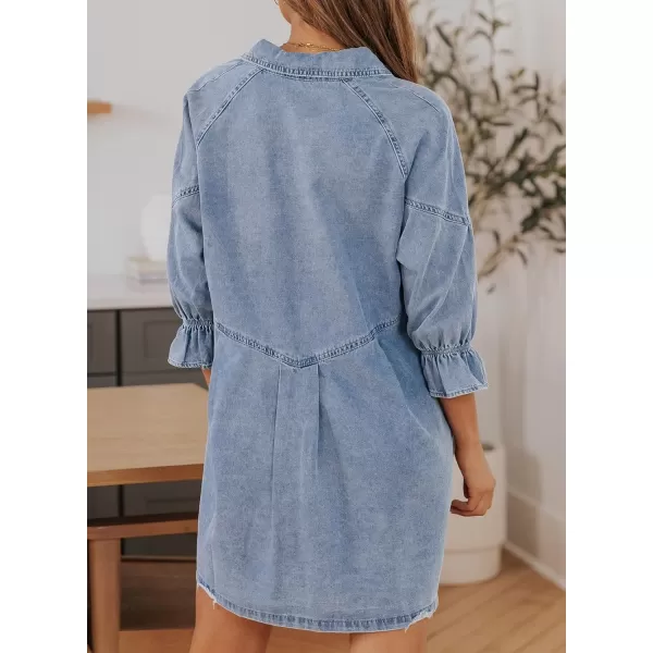 Sidefeel Womens Smocked 3 4 Sleeve Button Down Denim Jeans DressesA Sky Blue