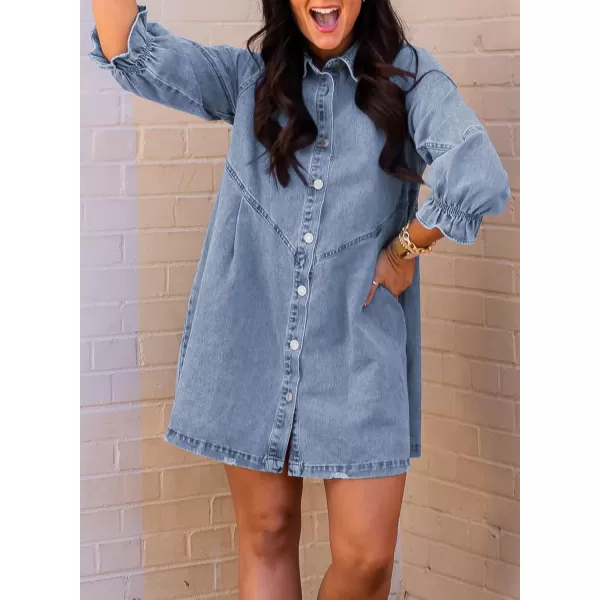 Sidefeel Womens Smocked 3 4 Sleeve Button Down Denim Jeans DressesA Sky Blue