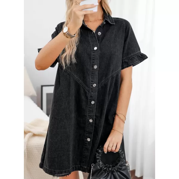 Sidefeel Womens Smocked 3 4 Sleeve Button Down Denim Jeans DressesC Black