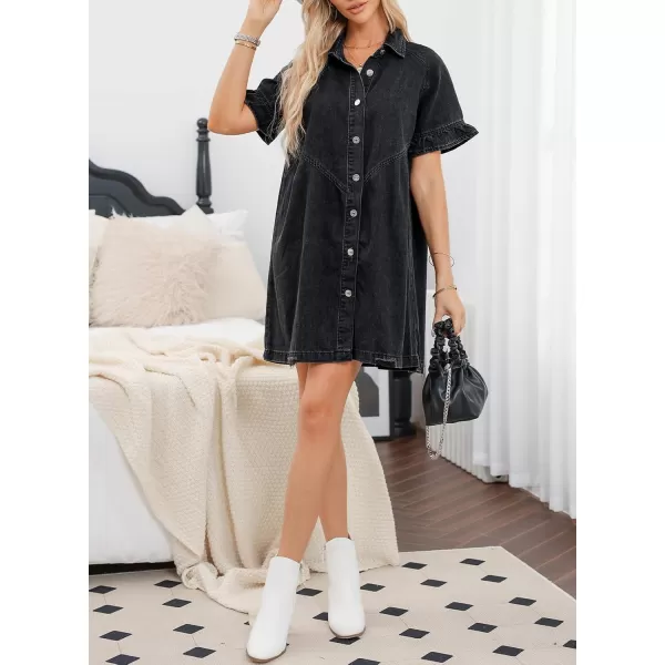 Sidefeel Womens Smocked 3 4 Sleeve Button Down Denim Jeans DressesC Black