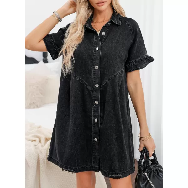 Sidefeel Womens Smocked 3 4 Sleeve Button Down Denim Jeans DressesC Black