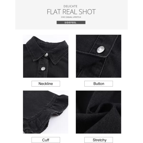 Sidefeel Womens Smocked 3 4 Sleeve Button Down Denim Jeans DressesC Black