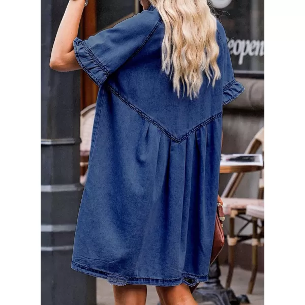 Sidefeel Womens Smocked 3 4 Sleeve Button Down Denim Jeans DressesC Blue