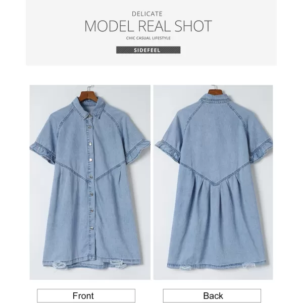 Sidefeel Womens Smocked 3 4 Sleeve Button Down Denim Jeans DressesC Blue