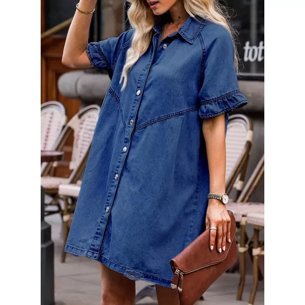 Sidefeel Womens Smocked 3 4 Sleeve Button Down Denim Jeans DressesC Blue