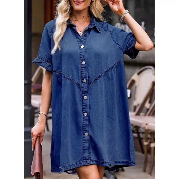Sidefeel Womens Smocked 3 4 Sleeve Button Down Denim Jeans DressesC Blue