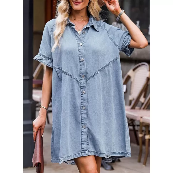 Sidefeel Womens Smocked 3 4 Sleeve Button Down Denim Jeans DressesC Sky Blue