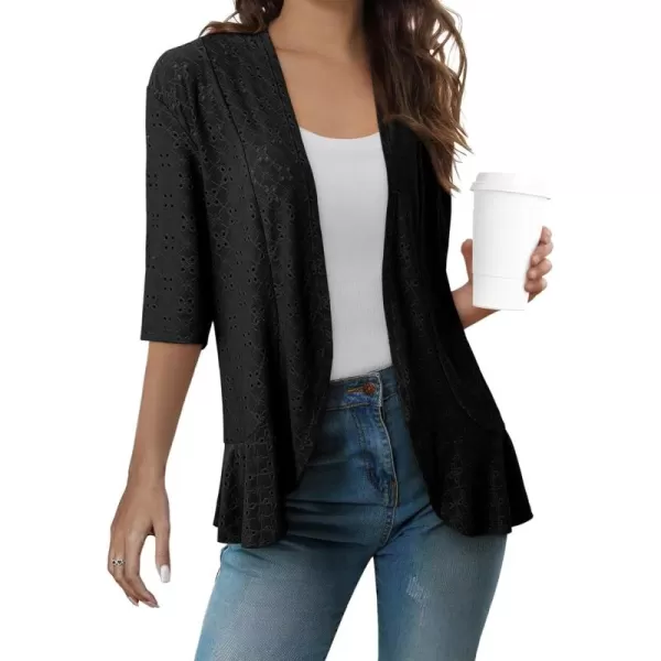 Sidefeel Lightweight Summer Cardigan for Women Spring Netted Knit Ruffle Half Sleeve Kimono Cover UpsBlack