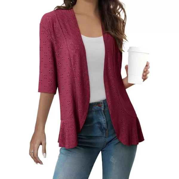 Sidefeel Lightweight Summer Cardigan for Women Spring Netted Knit Ruffle Half Sleeve Kimono Cover UpsBurgundy