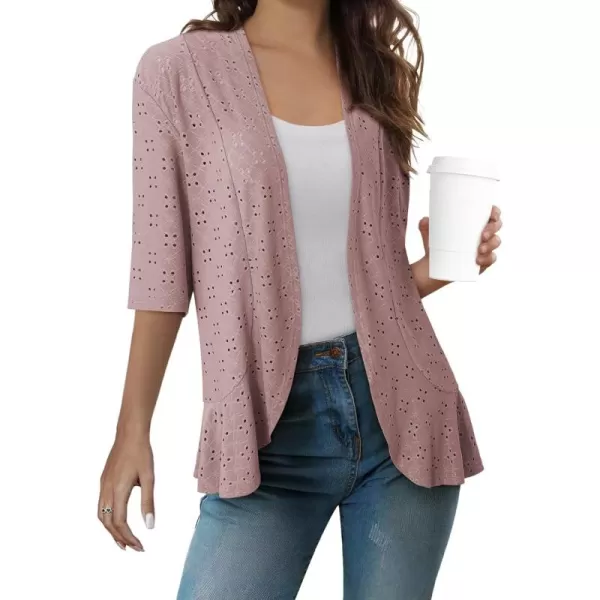 Sidefeel Lightweight Summer Cardigan for Women Spring Netted Knit Ruffle Half Sleeve Kimono Cover UpsPink