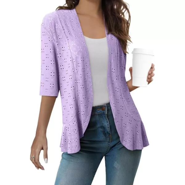 Sidefeel Lightweight Summer Cardigan for Women Spring Netted Knit Ruffle Half Sleeve Kimono Cover UpsPurple