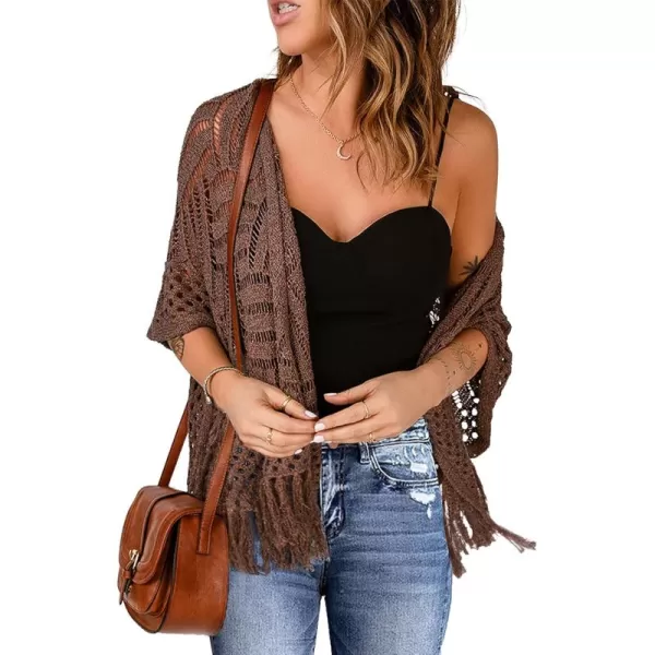 Sidefeel Womens 2024 Cropped Crochet Top Lightweight Summer Cardigan Beach Kimono Cover UpsDark Brown