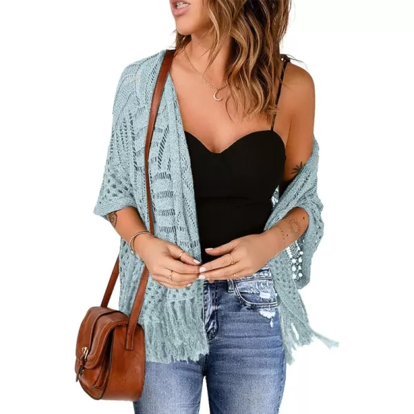 Sidefeel Womens 2024 Cropped Crochet Top Lightweight Summer Cardigan Beach Kimono Cover UpsLight Blue