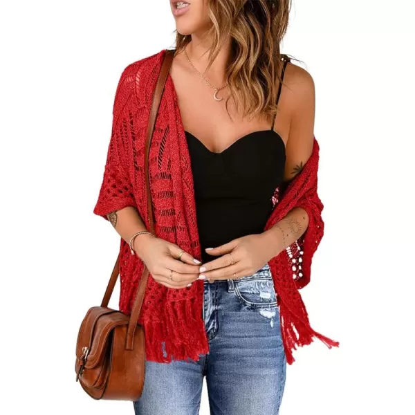 Sidefeel Womens 2024 Cropped Crochet Top Lightweight Summer Cardigan Beach Kimono Cover UpsRacing Red