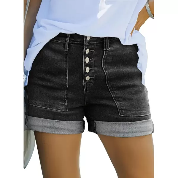 Sidefeel Womens Jean Shorts High Waisted Stretchy Buttoned Folded Hem Denim ShortsBlack