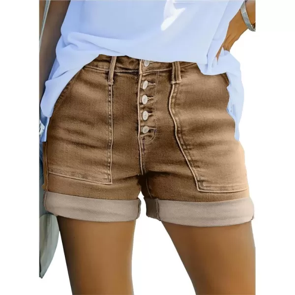 Sidefeel Womens Jean Shorts High Waisted Stretchy Buttoned Folded Hem Denim ShortsBrown