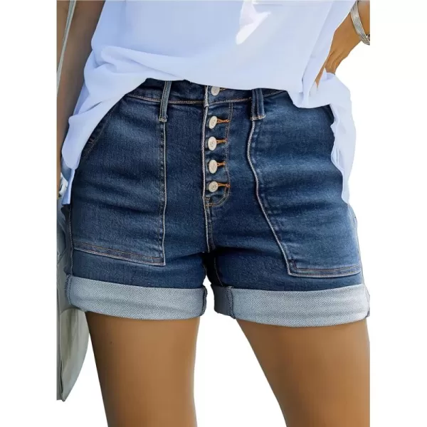 Sidefeel Womens Jean Shorts High Waisted Stretchy Buttoned Folded Hem Denim ShortsDark Blue