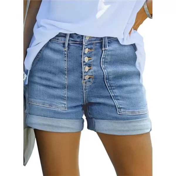 Sidefeel Womens Jean Shorts High Waisted Stretchy Buttoned Folded Hem Denim ShortsLight Blue