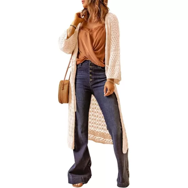 Sidefeel Womens Lightweight Open Front Cardigan Sweaters Long Sleeve Drawstring Crochet Knit Sheer Boho Kimono Sweaters