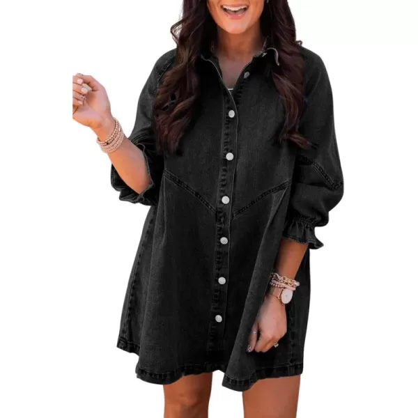 Sidefeel Womens Smocked 3 4 Sleeve Button Down Denim Jeans DressesA Black