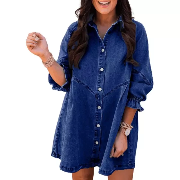 Sidefeel Womens Smocked 3 4 Sleeve Button Down Denim Jeans DressesA Blue