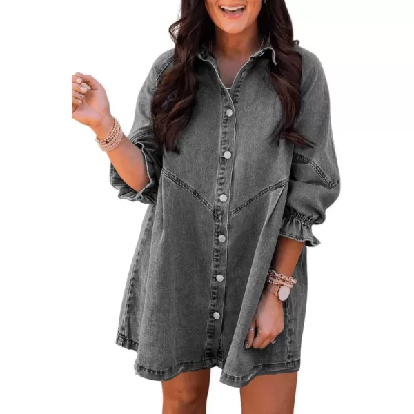 Sidefeel Womens Smocked 3 4 Sleeve Button Down Denim Jeans DressesA Gray