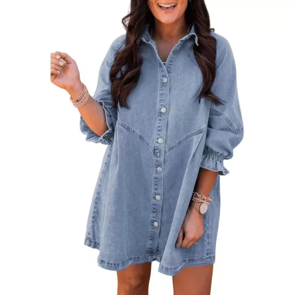 Sidefeel Womens Smocked 3 4 Sleeve Button Down Denim Jeans DressesA Sky Blue