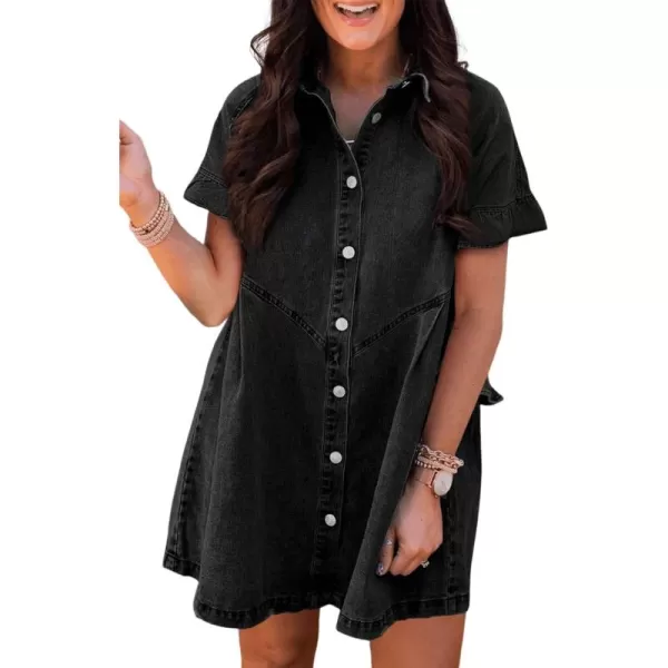 Sidefeel Womens Smocked 3 4 Sleeve Button Down Denim Jeans DressesC Black