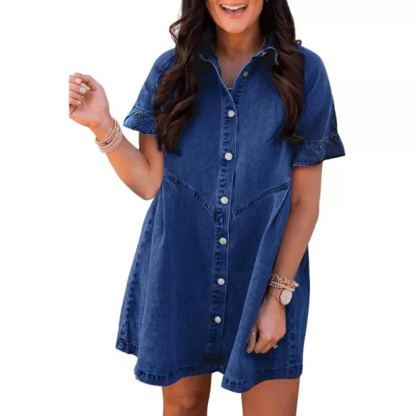 Sidefeel Womens Smocked 3 4 Sleeve Button Down Denim Jeans DressesC Blue