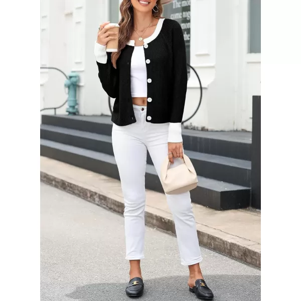 Sidefeel Womens 2024 Fall Long Sleeve Crewneck Cropped Cardigan Sweaters Contrast Button Down Knit Sweaters CoatBlack