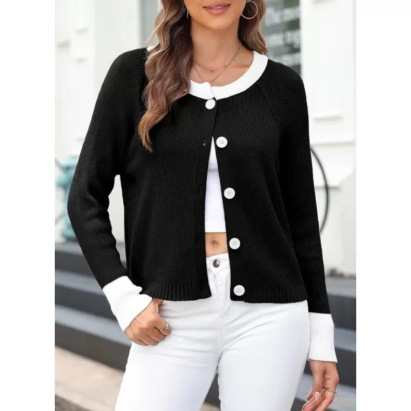 Sidefeel Womens 2024 Fall Long Sleeve Crewneck Cropped Cardigan Sweaters Contrast Button Down Knit Sweaters CoatBlack