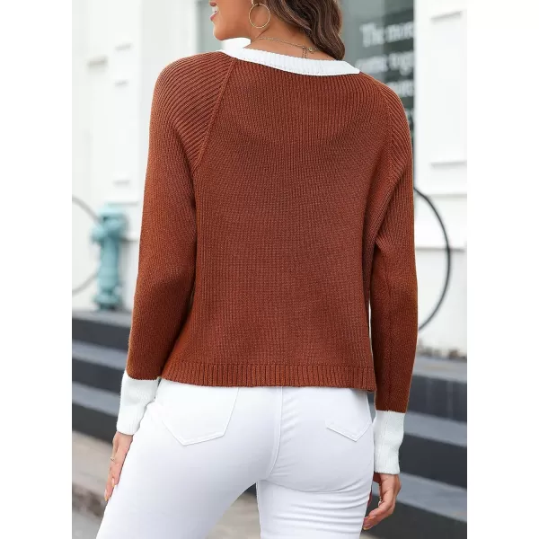 Sidefeel Womens 2024 Fall Long Sleeve Crewneck Cropped Cardigan Sweaters Contrast Button Down Knit Sweaters CoatBrown