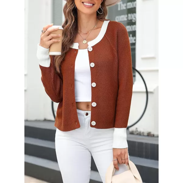 Sidefeel Womens 2024 Fall Long Sleeve Crewneck Cropped Cardigan Sweaters Contrast Button Down Knit Sweaters CoatBrown